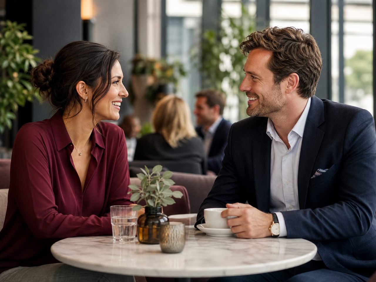 A couple having a warm conversation in a refined coffee bar