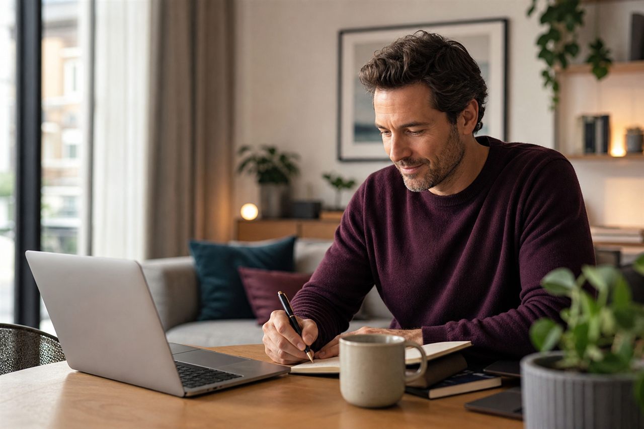 A professional single writing a thoughtful dating profile at home