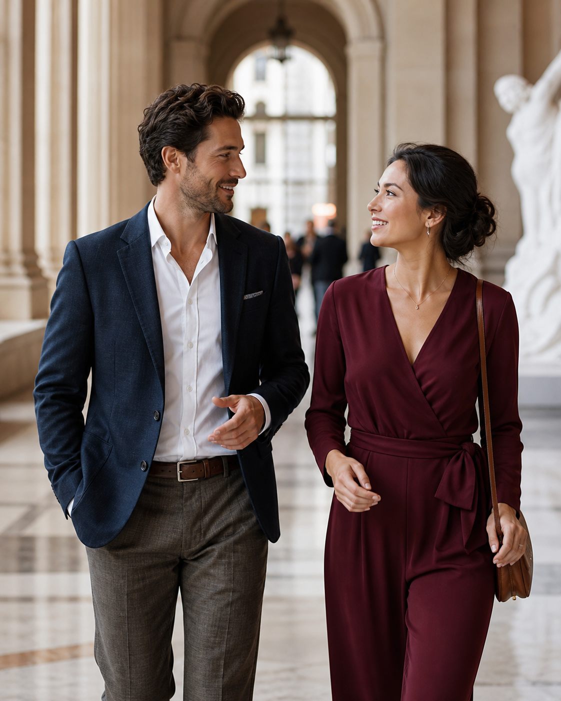Two confident adults walking through a bright urban atrium in conversation